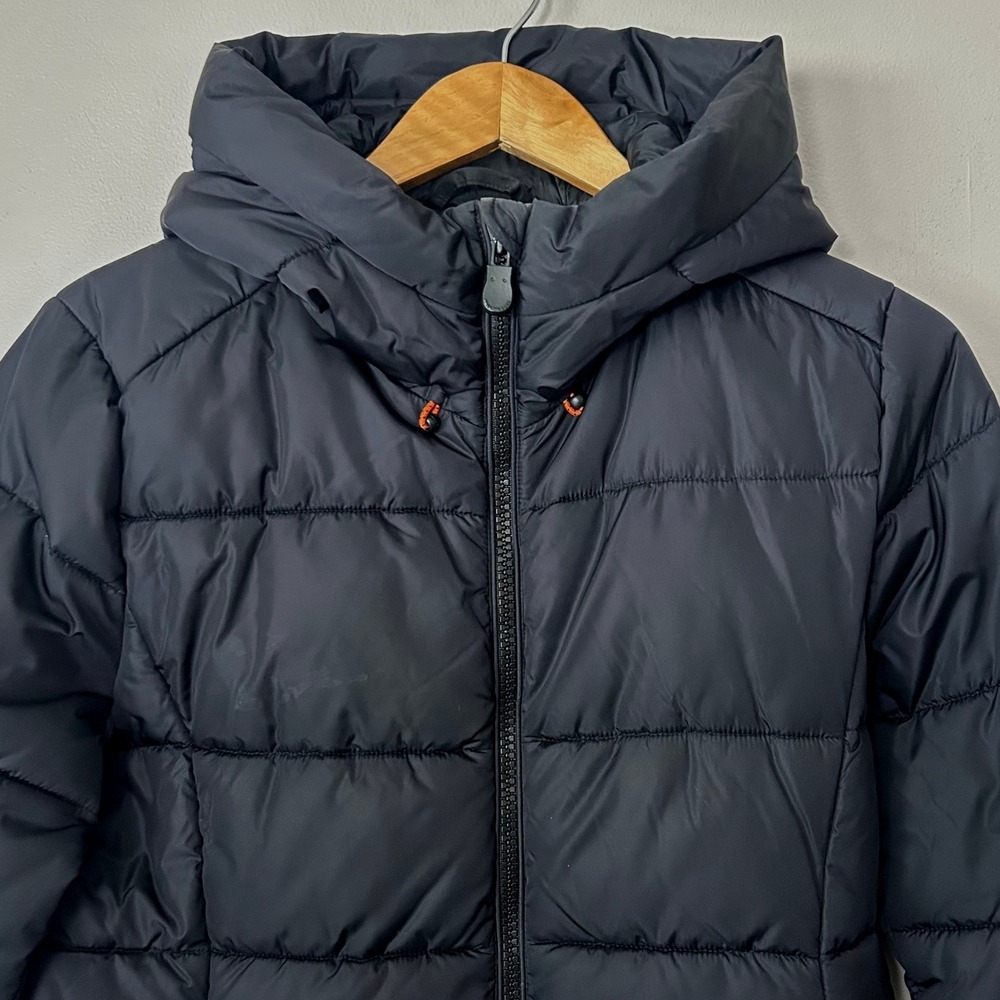 Save The Duck Puffer Coat Womens M Black PLUMTECH Long Hooded Parka Animal Free